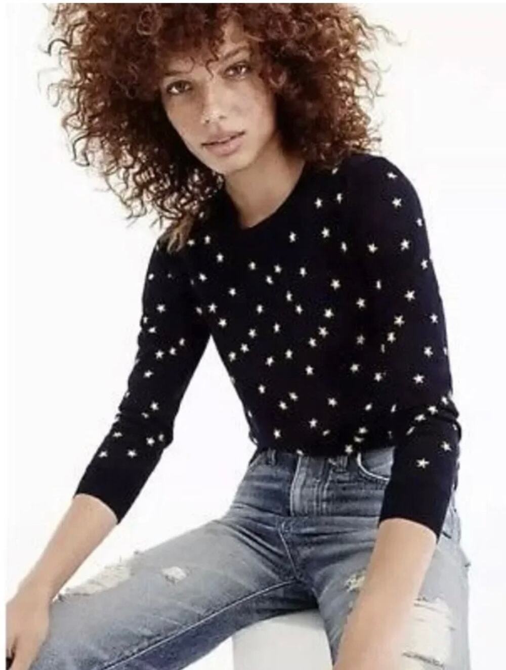 J. Crew Tippi Lightweight Sweater‎ in Embroidered Stars Navy Size S NWT Preppy